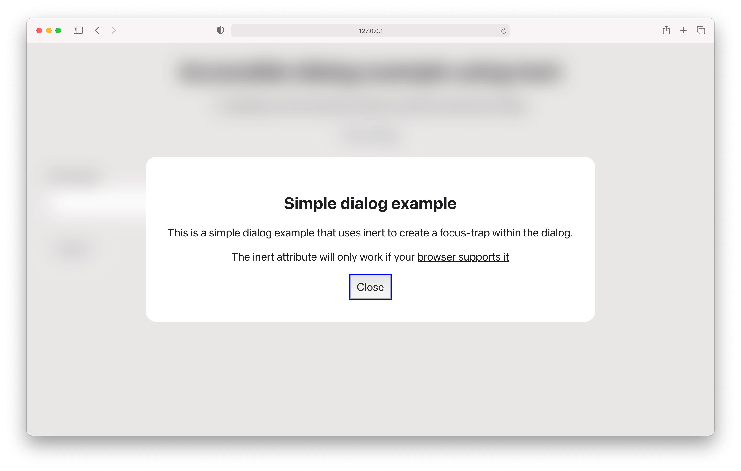 Browser screenshot of an open modal dialog with the title: Simple dialog example