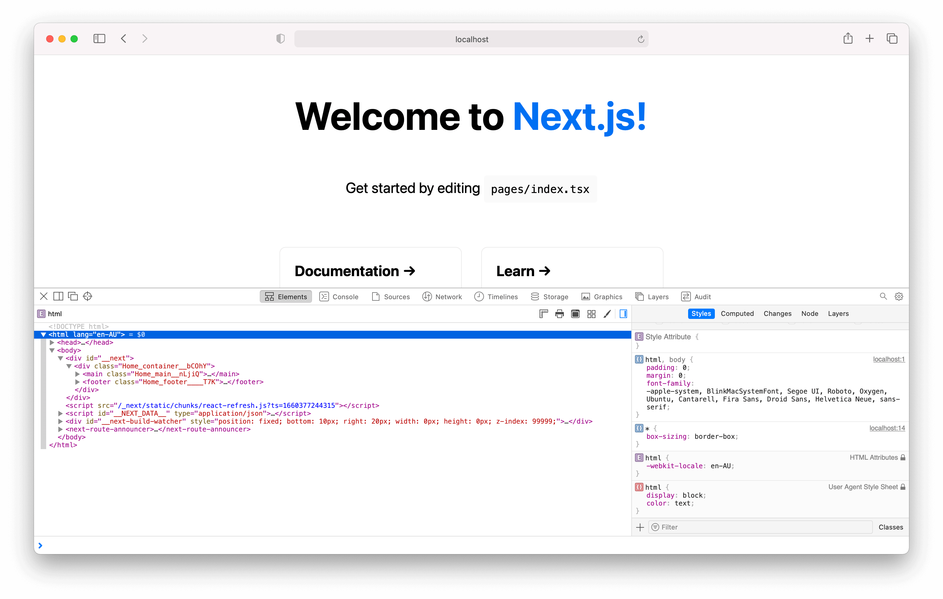 Browser screenshot of the Create Next App and DevTools console showing the HTML