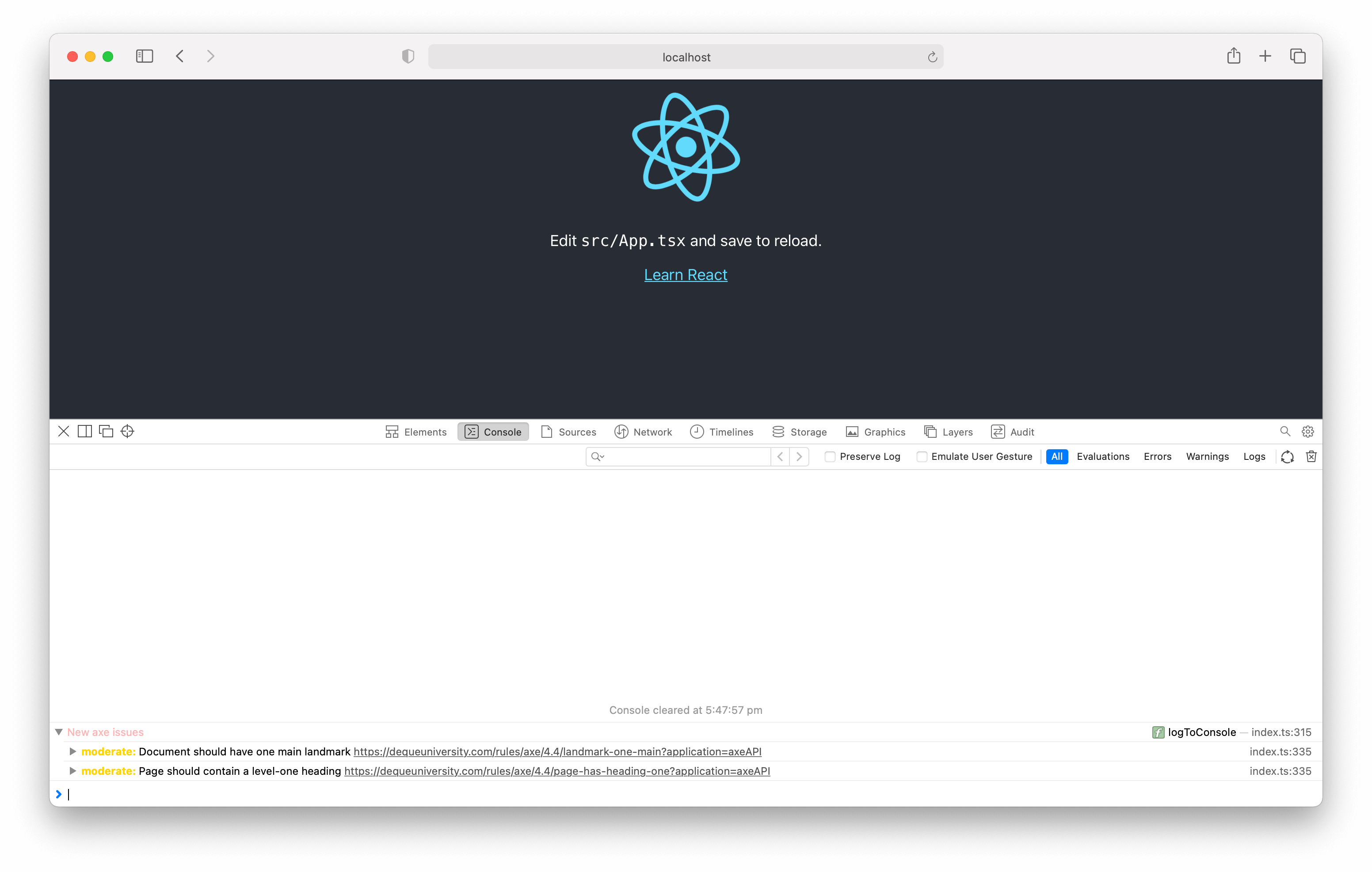 Browser screenshot of the Create React App and DevTools console with two moderate accessibility issues