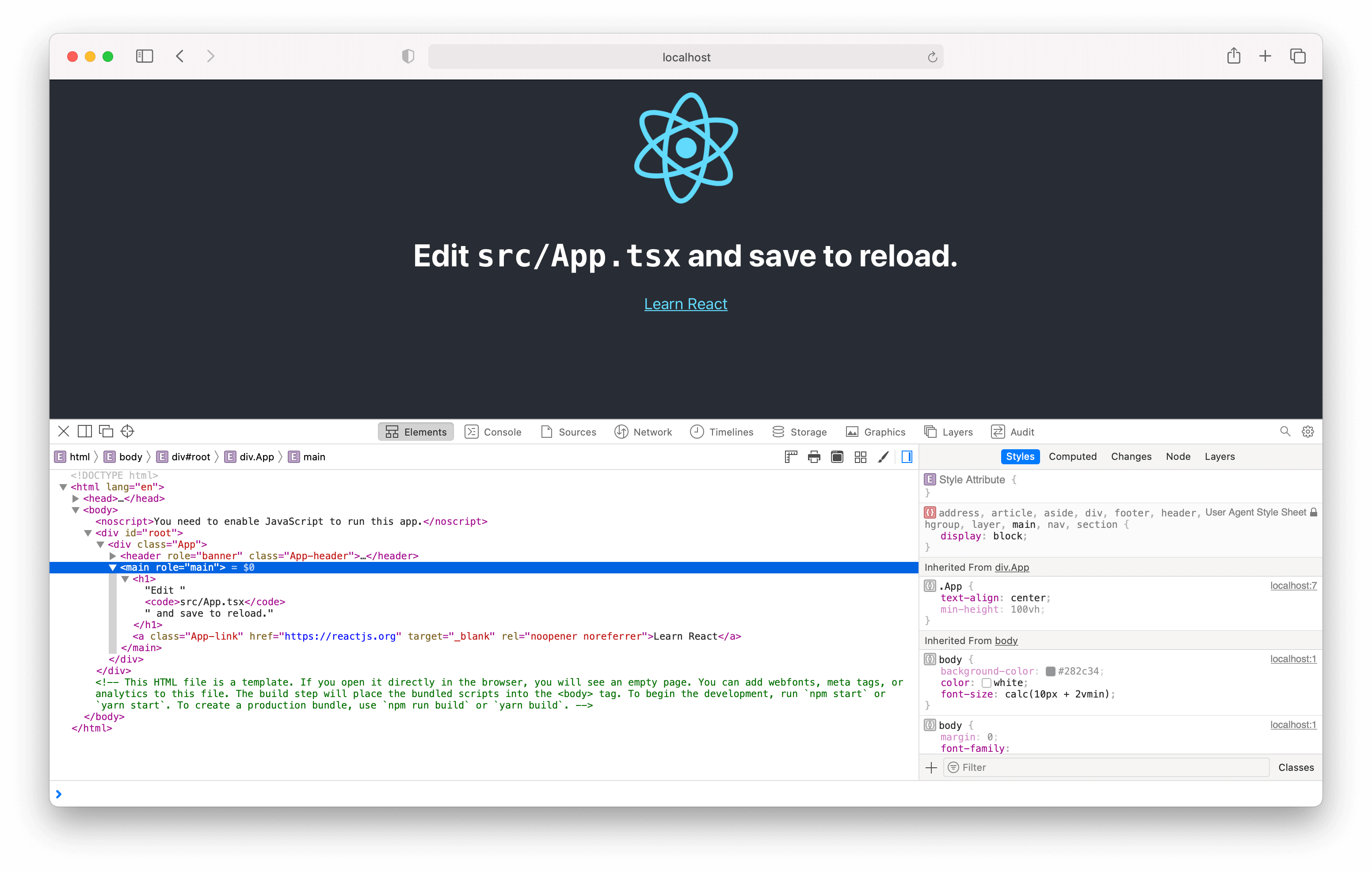 Browser screenshot of the Create React App and DevTools console showing the HTML