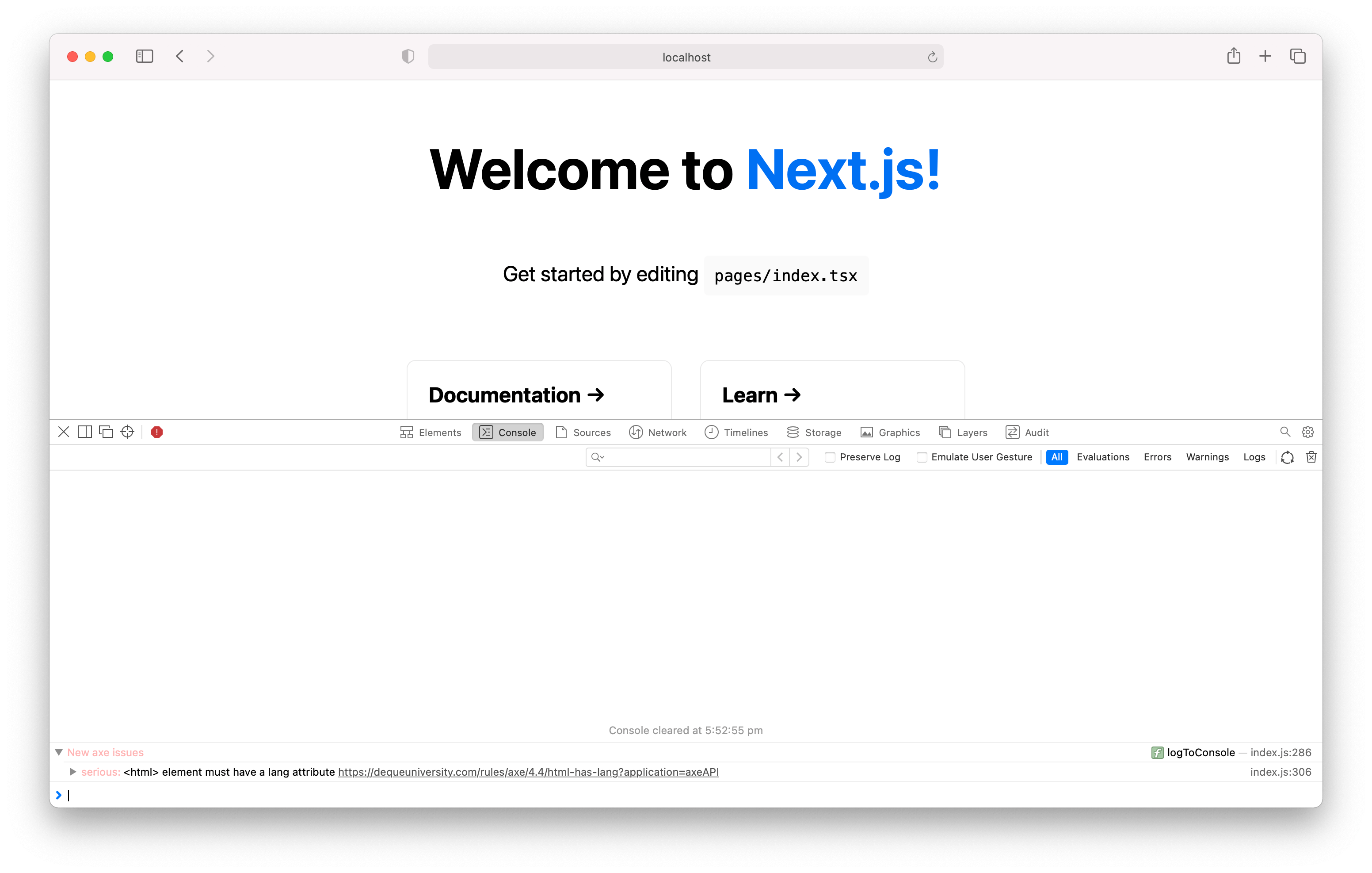 Browser screenshot of the Create Next App and DevTools console with one serious accessibility issue