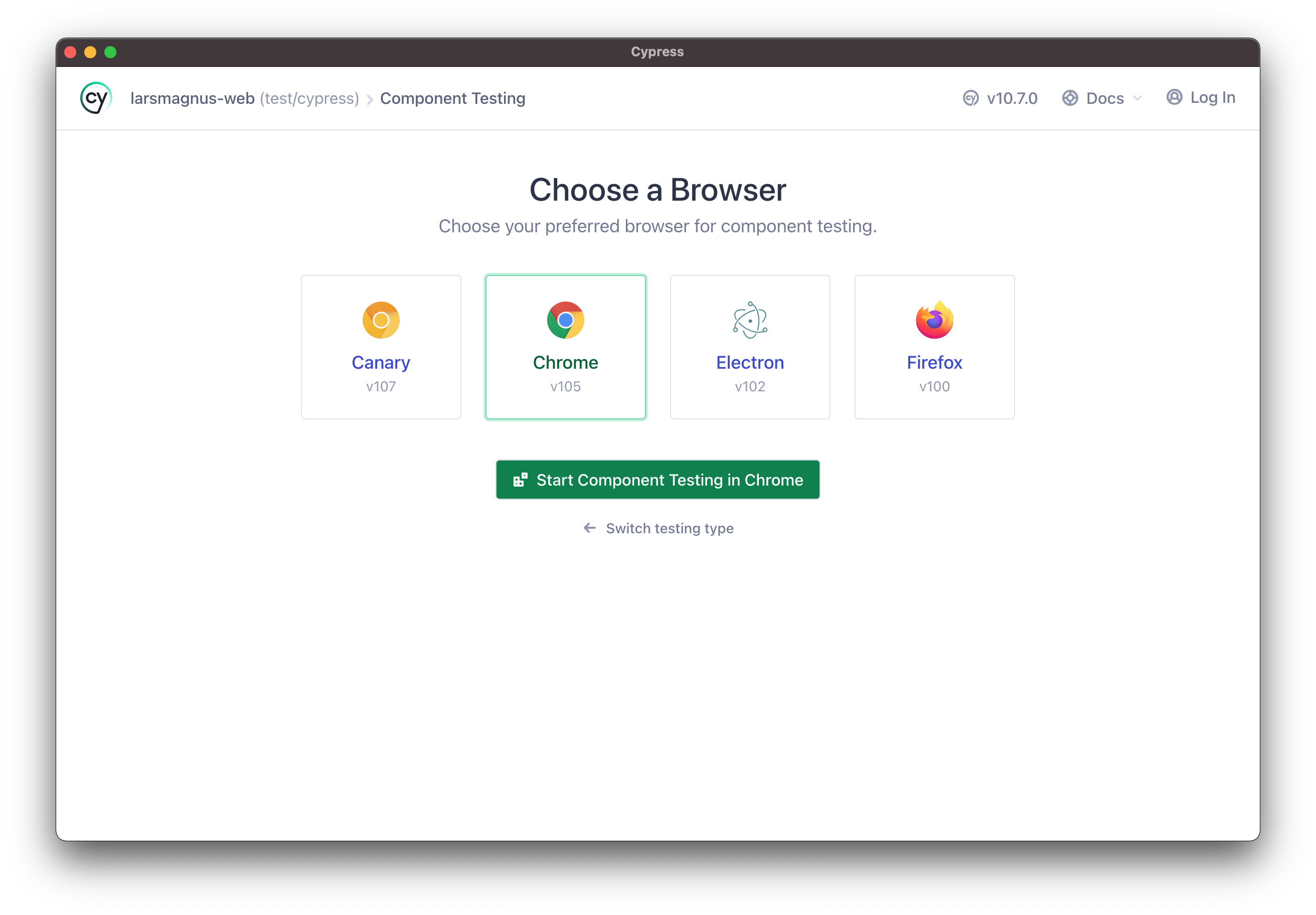Cypress LaunchPad: Choose a browser